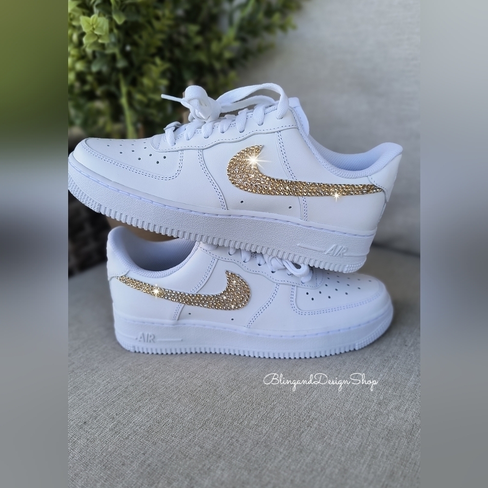 Women's Air Force 1 07 White Sneakers made with Gold Swarovski Crystals - Picture 6 of 8